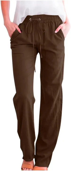 Linen Casual Pants for Women Summer Loose Fit High Waist Pants 2025 Solid Color Drawstring Elastic Trousers
