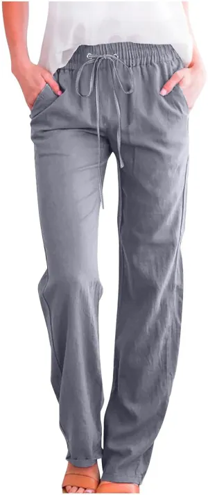 Linen Casual Pants for Women Summer Loose Fit High Waist Pants 2025 Solid Color Drawstring Elastic Trousers