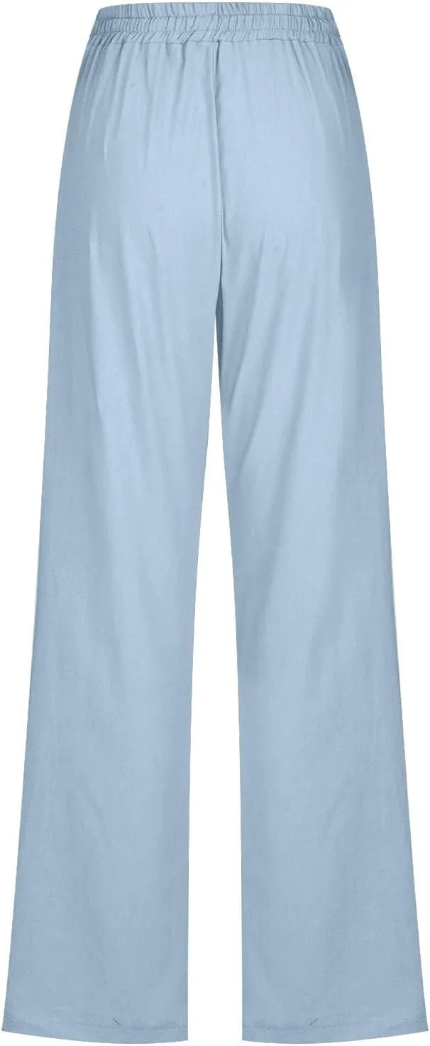 Linen Casual Pants for Women Summer Loose Fit High Waist Pants 2025 Solid Color Drawstring Elastic Trousers