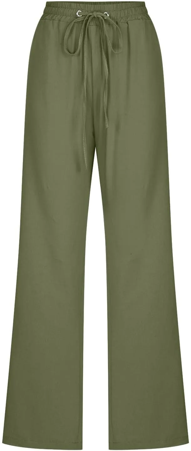 Linen Casual Pants for Women Summer Loose Fit High Waist Pants 2025 Solid Color Drawstring Elastic Trousers