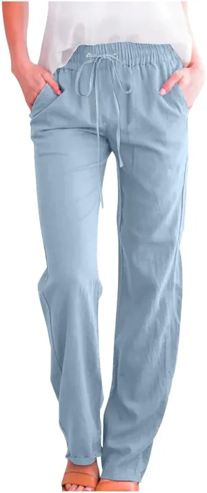 Linen Casual Pants for Women Summer Loose Fit High Waist Pants 2025 Solid Color Drawstring Elastic Trousers