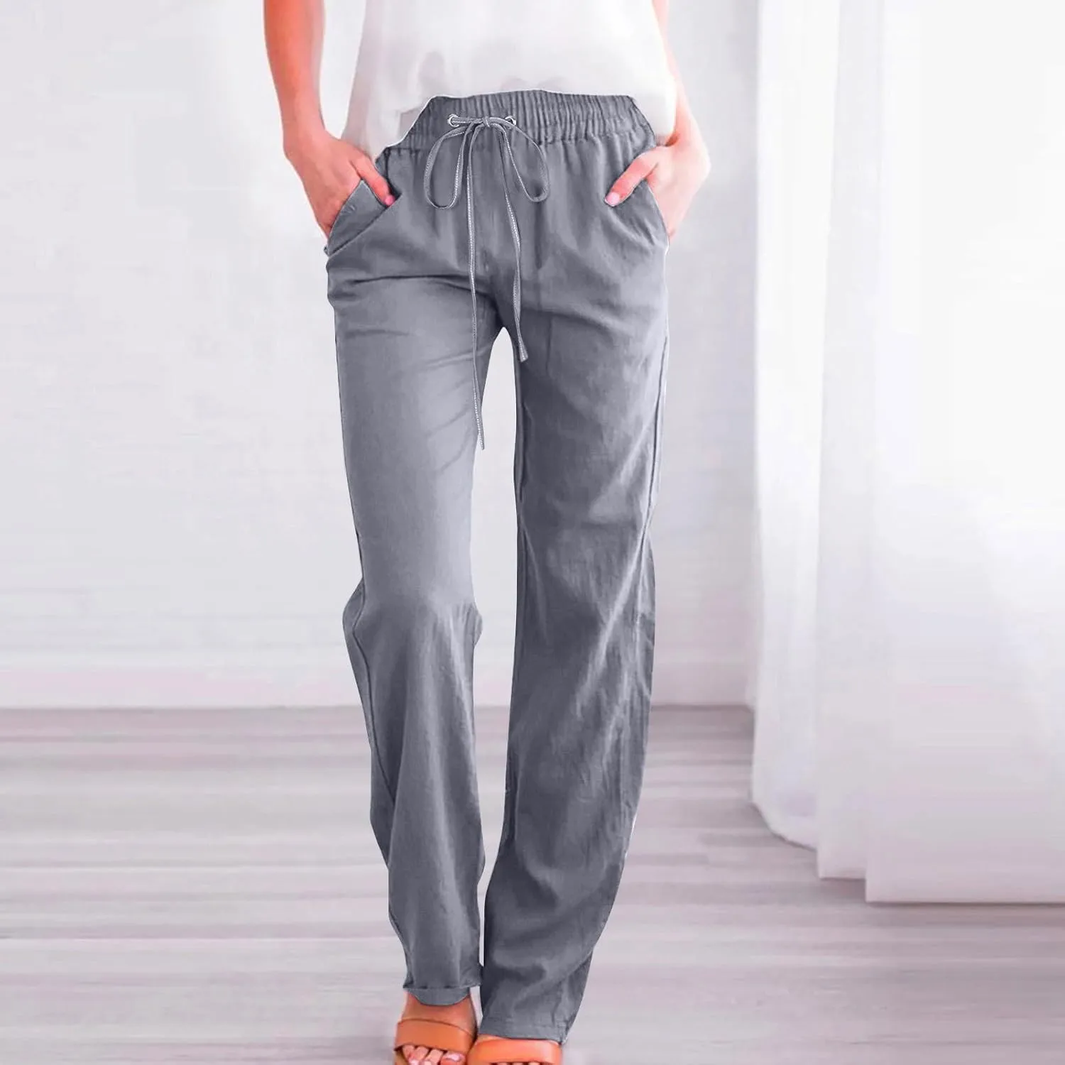 Linen Casual Pants for Women Summer Loose Fit High Waist Pants 2025 Solid Color Drawstring Elastic Trousers