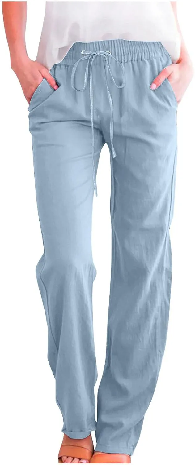 Linen Casual Pants for Women Summer Loose Fit High Waist Pants 2025 Solid Color Drawstring Elastic Trousers