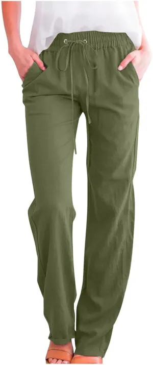 Linen Casual Pants for Women Summer Loose Fit High Waist Pants 2025 Solid Color Drawstring Elastic Trousers