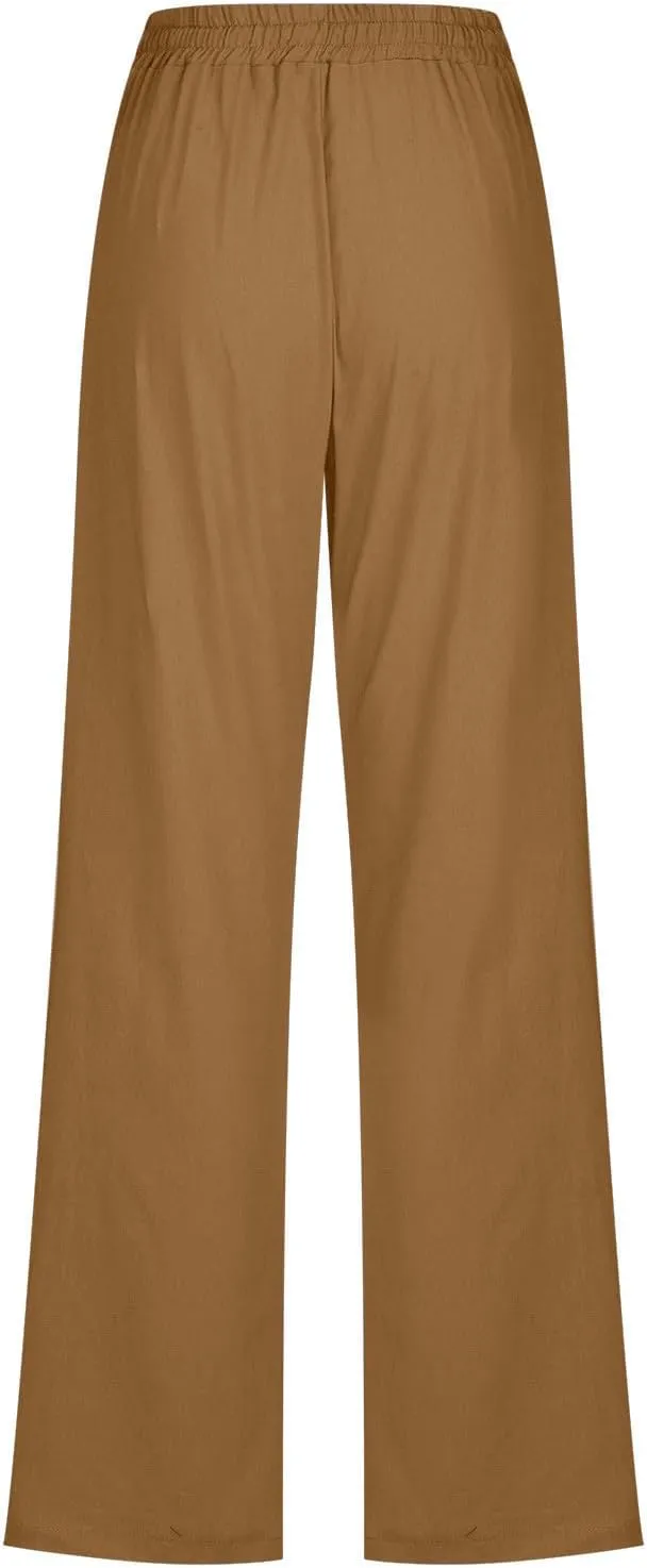 Linen Casual Pants for Women Summer Loose Fit High Waist Pants 2025 Solid Color Drawstring Elastic Trousers