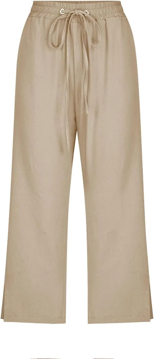 Linen Pants for Women 2025 Cotton Linen Elastic Seven Pants Beach Casual Pants Linen Trousers with Side Pockets