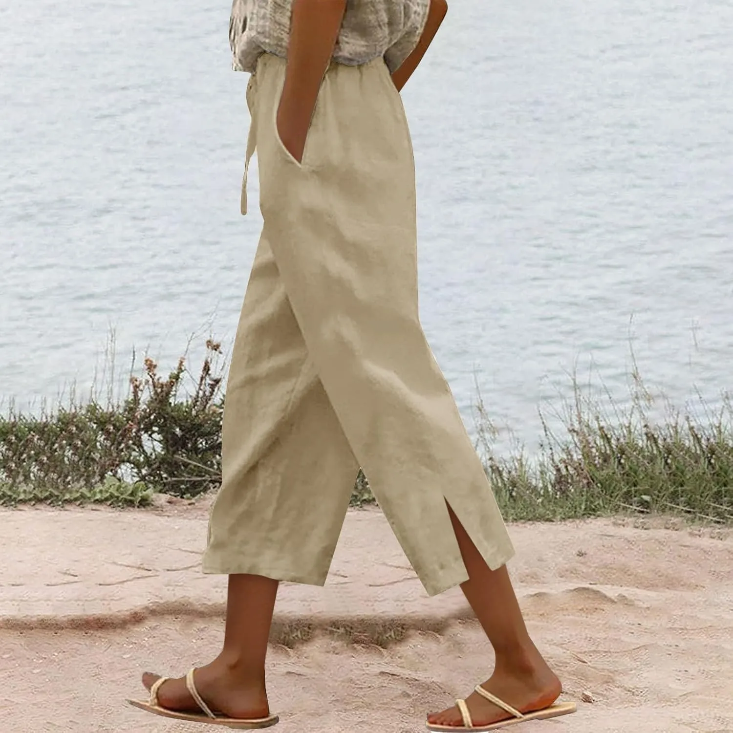 Linen Pants for Women 2025 Cotton Linen Elastic Seven Pants Beach Casual Pants Linen Trousers with Side Pockets