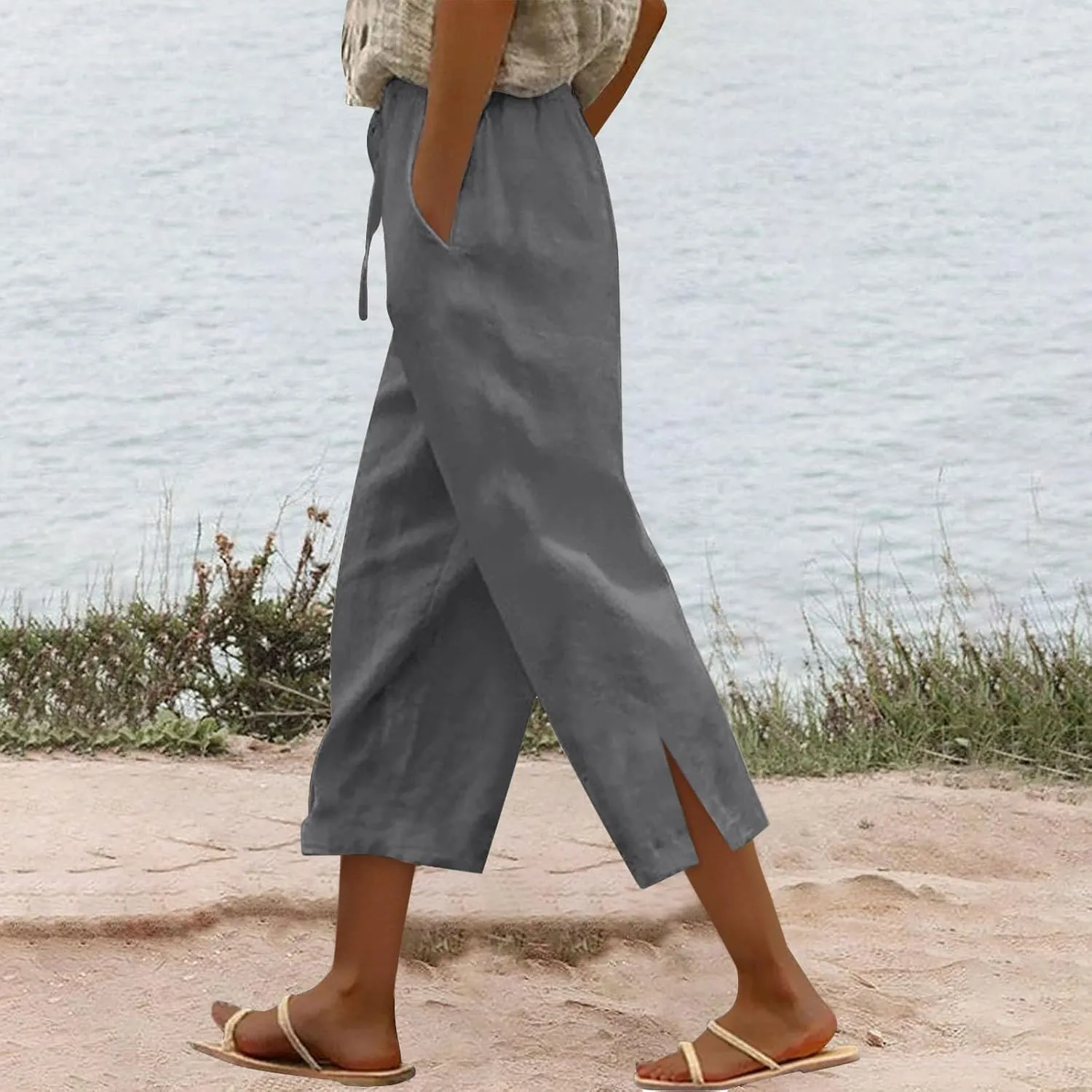 Linen Pants for Women 2025 Cotton Linen Elastic Seven Pants Beach Casual Pants Linen Trousers with Side Pockets