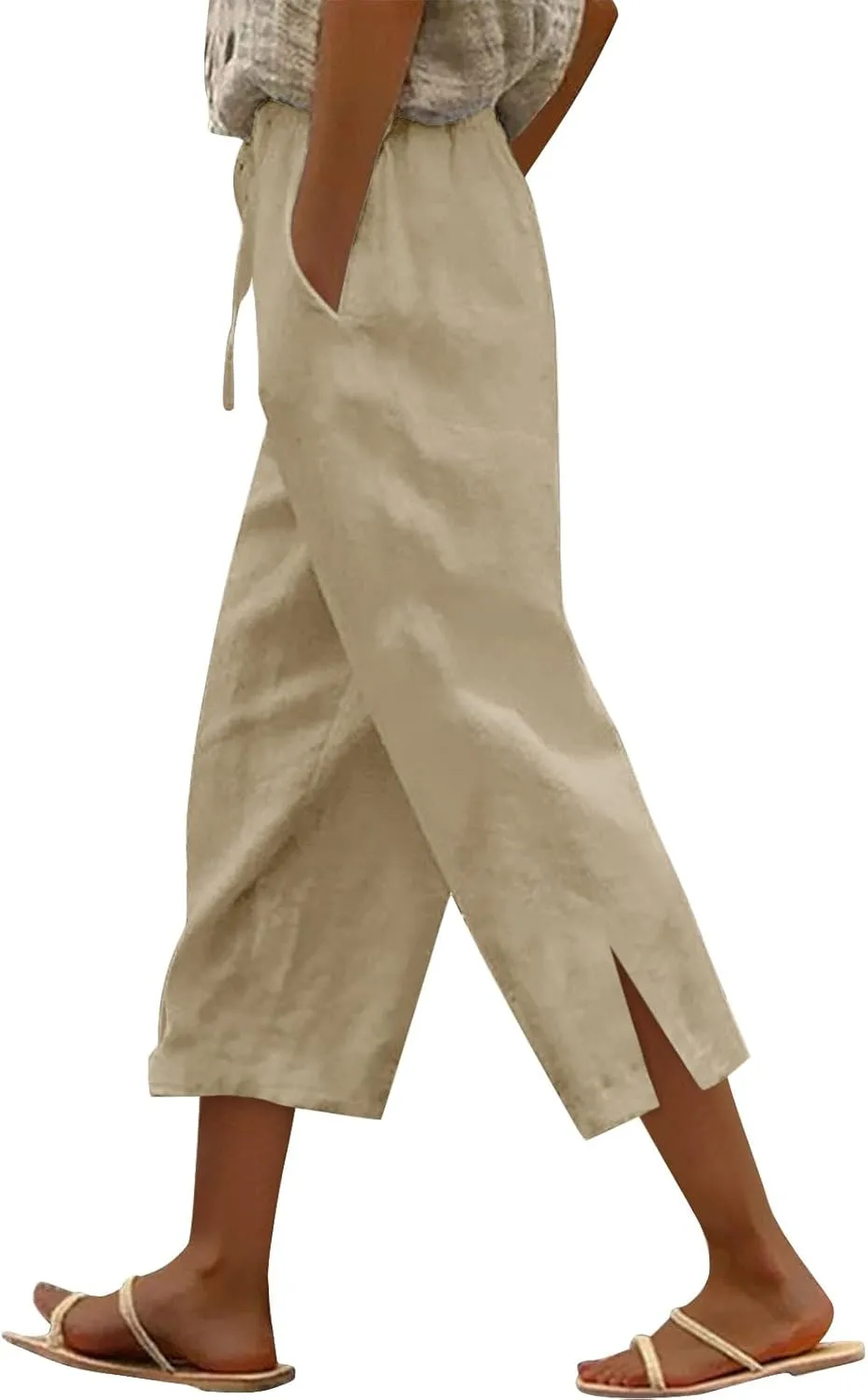 Linen Pants for Women 2025 Cotton Linen Elastic Seven Pants Beach Casual Pants Linen Trousers with Side Pockets