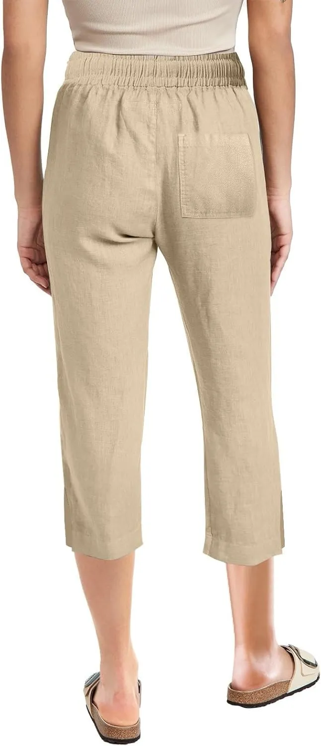 Linen Pants for Women 2025 Cotton Linen Elastic Seven Pants Beach Casual Pants Linen Trousers with Side Pockets