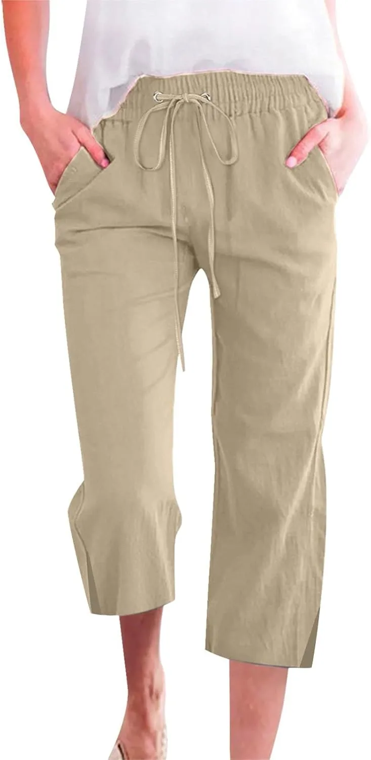 Linen Pants for Women 2025 Cotton Linen Elastic Seven Pants Beach Casual Pants Linen Trousers with Side Pockets