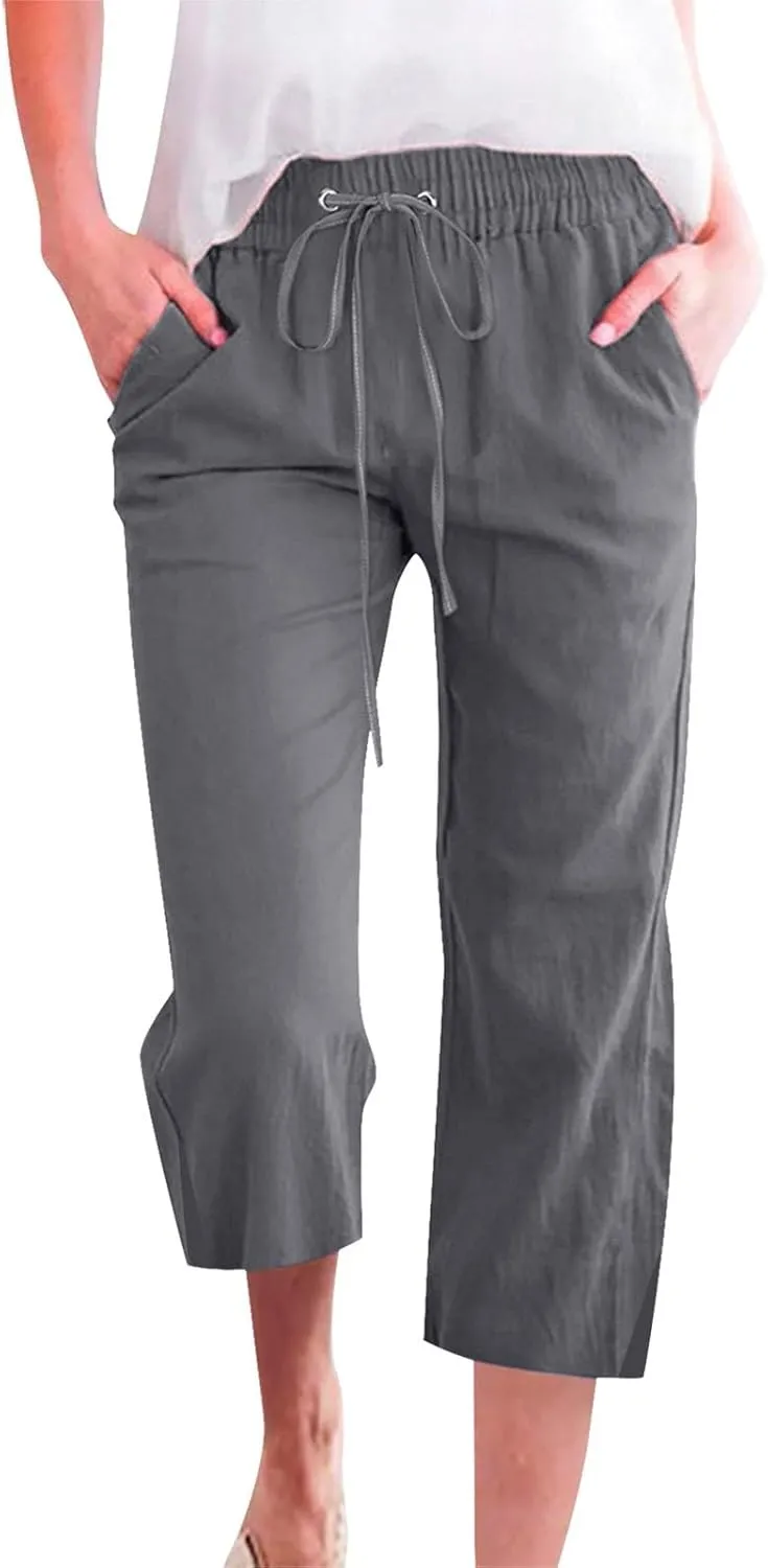 Linen Pants for Women 2025 Cotton Linen Elastic Seven Pants Beach Casual Pants Linen Trousers with Side Pockets