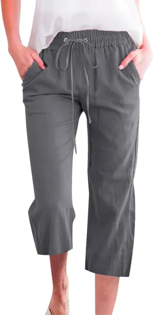 Linen Pants for Women 2025 Cotton Linen Elastic Seven Pants Beach Casual Pants Linen Trousers with Side Pockets