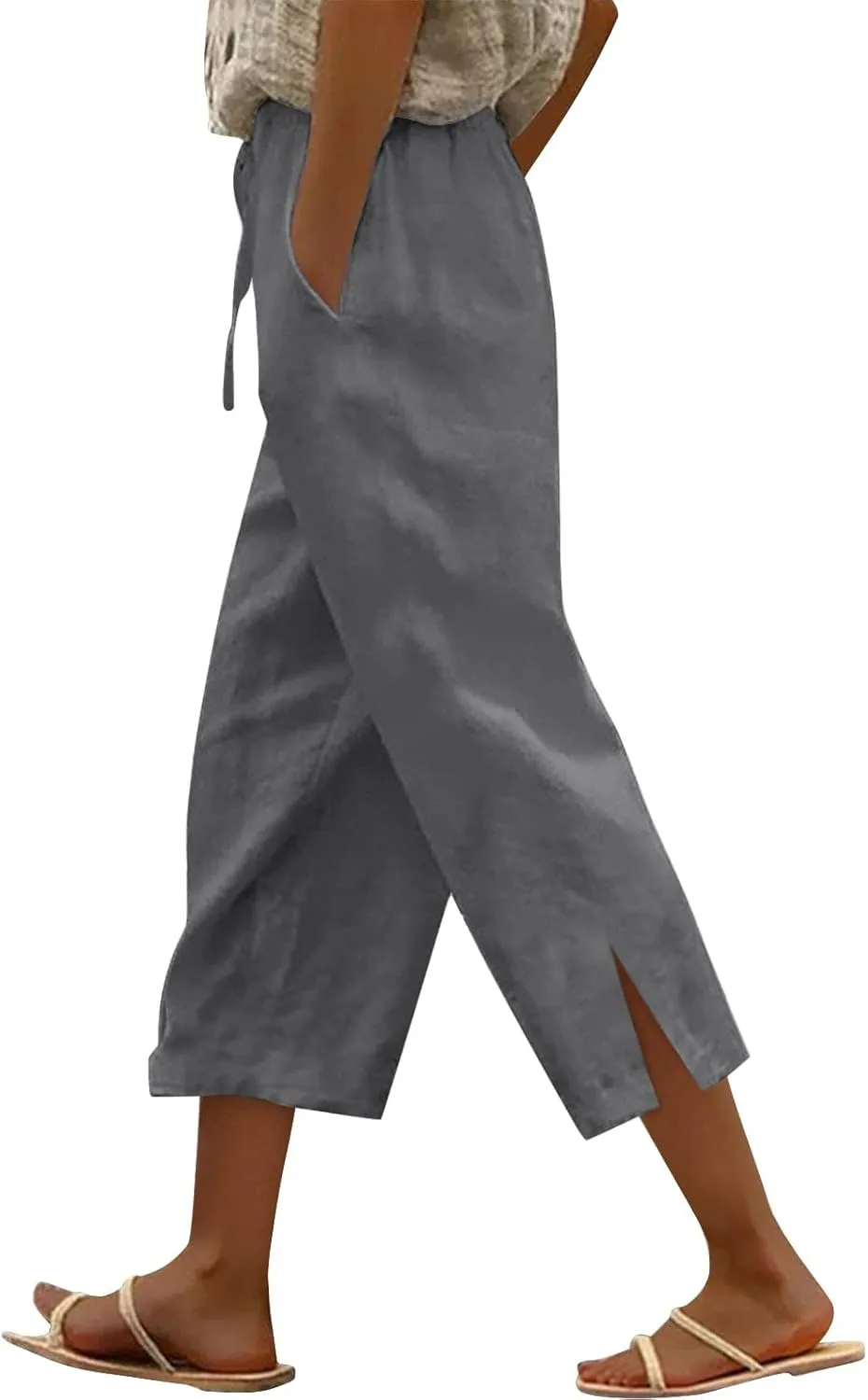 Linen Pants for Women 2025 Cotton Linen Elastic Seven Pants Beach Casual Pants Linen Trousers with Side Pockets