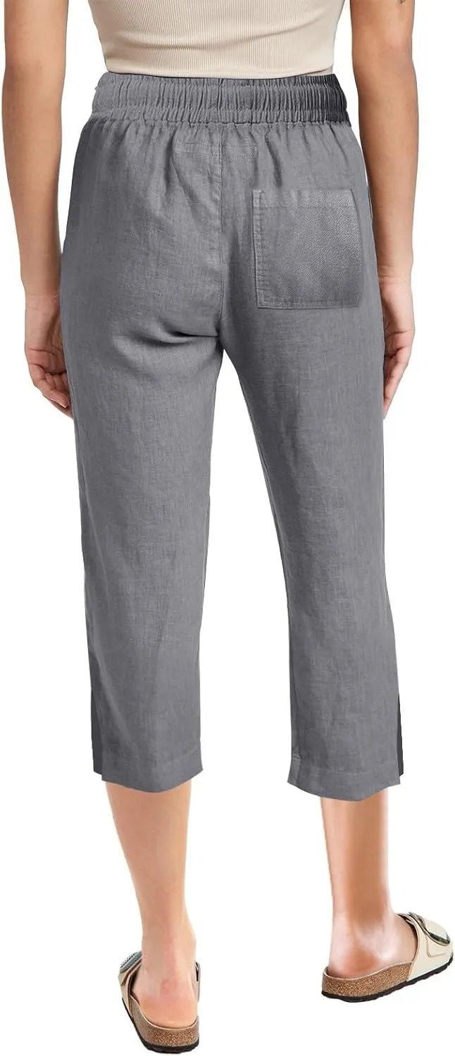 Linen Pants for Women 2025 Cotton Linen Elastic Seven Pants Beach Casual Pants Linen Trousers with Side Pockets