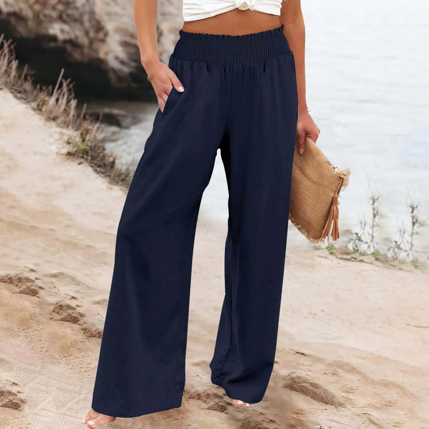 Linen Pants for Women Loose Pants Comfy Cropped Work Pants with Pockets Elastic High Waist Paper Bag with Side
