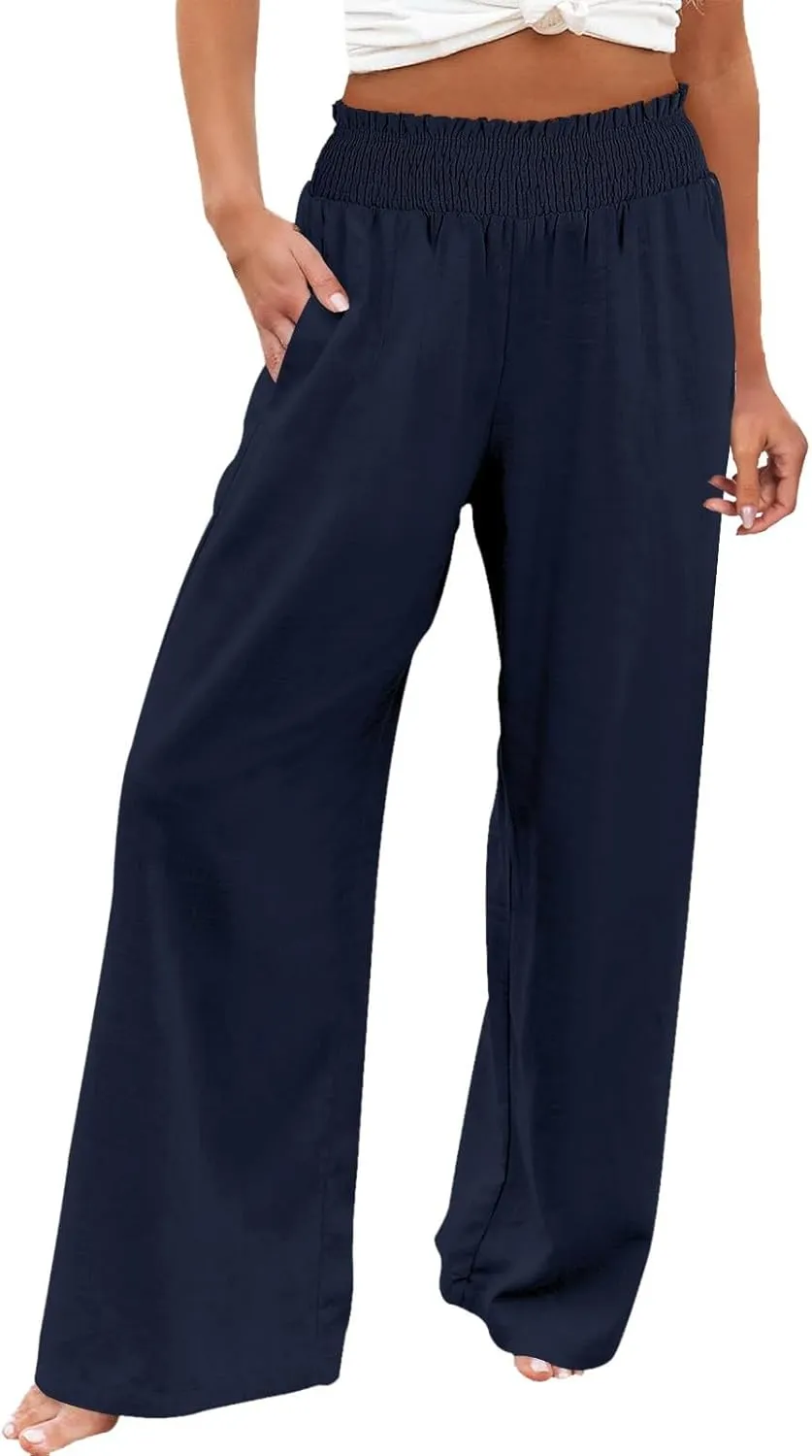 Linen Pants for Women Loose Pants Comfy Cropped Work Pants with Pockets Elastic High Waist Paper Bag with Side