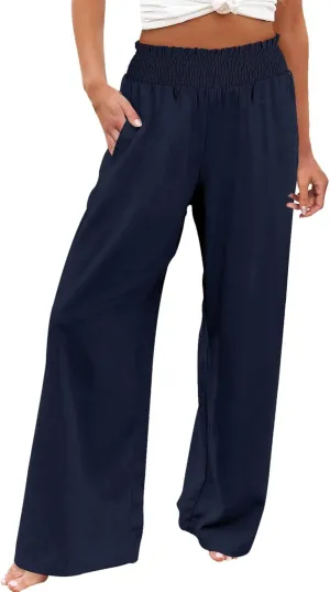 Linen Pants for Women Loose Pants Comfy Cropped Work Pants with Pockets Elastic High Waist Paper Bag with Side