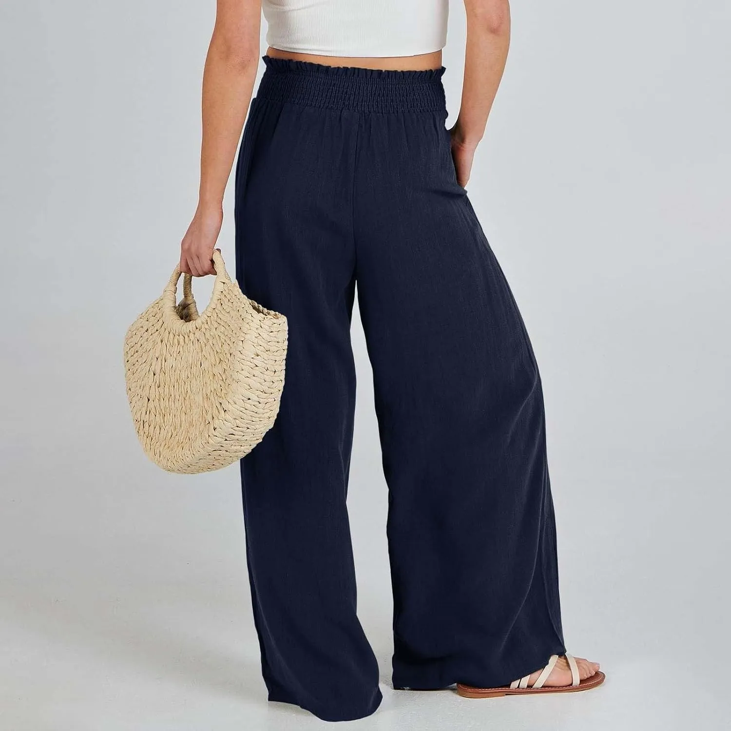 Linen Pants for Women Loose Pants Comfy Cropped Work Pants with Pockets Elastic High Waist Paper Bag with Side