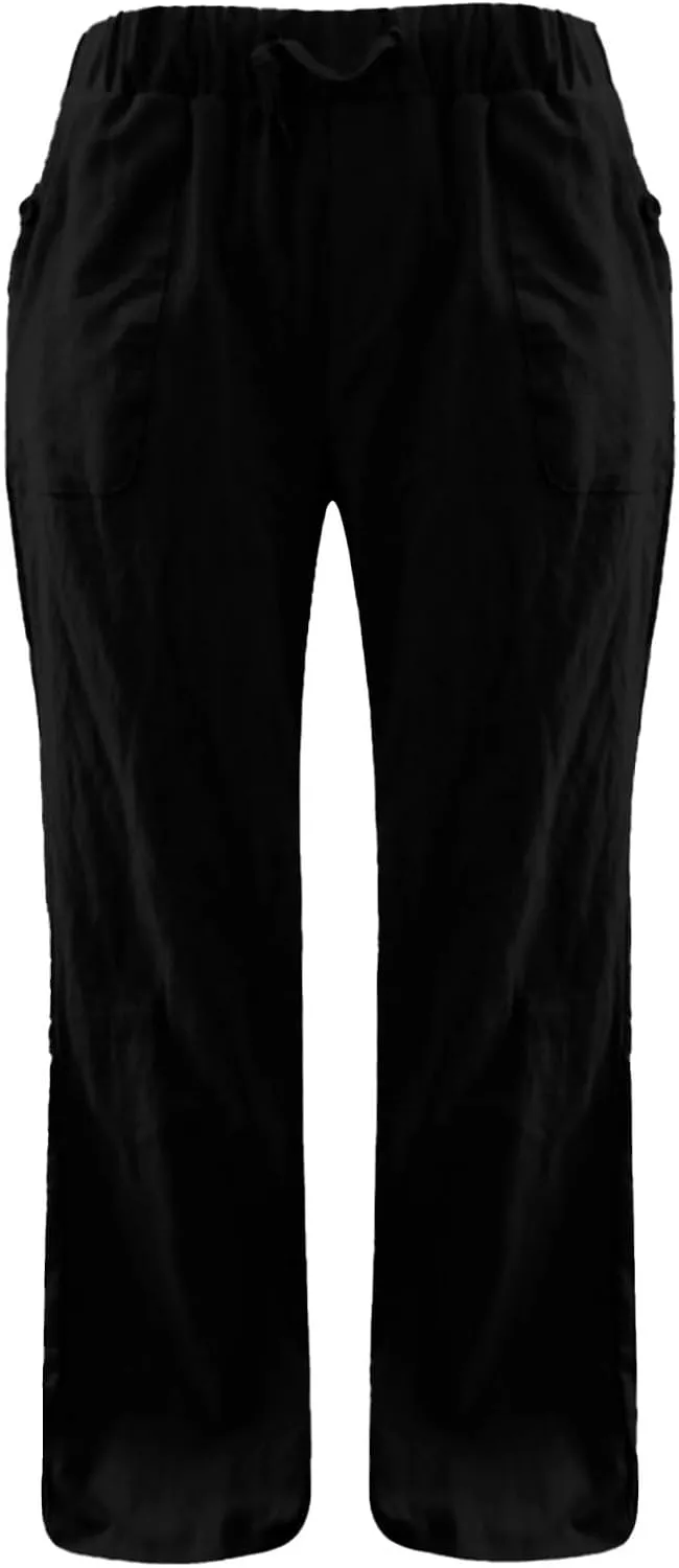 Linen Pants for Women Solid Elastic Pants Long Drawstring Linen Women Waist Summer Vacation High Waist Wide Leg
