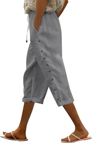 Linen Pants Women Color Cotton Linen Elastic Seven Pants Beach Casual Pants High Waisted Wide Leg Long Lounge Trousers