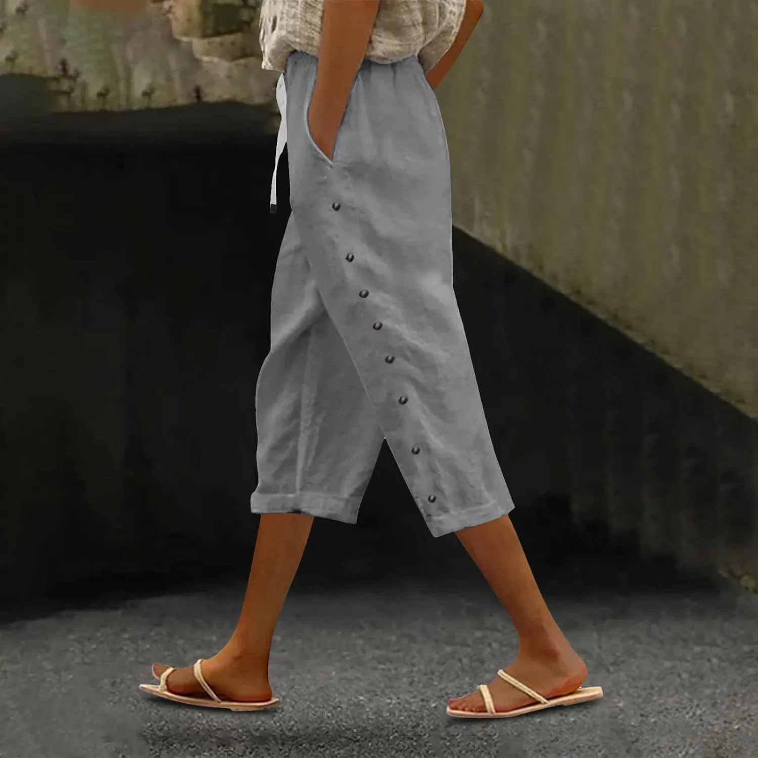 Linen Pants Women Color Cotton Linen Elastic Seven Pants Beach Casual Pants High Waisted Wide Leg Long Lounge Trousers