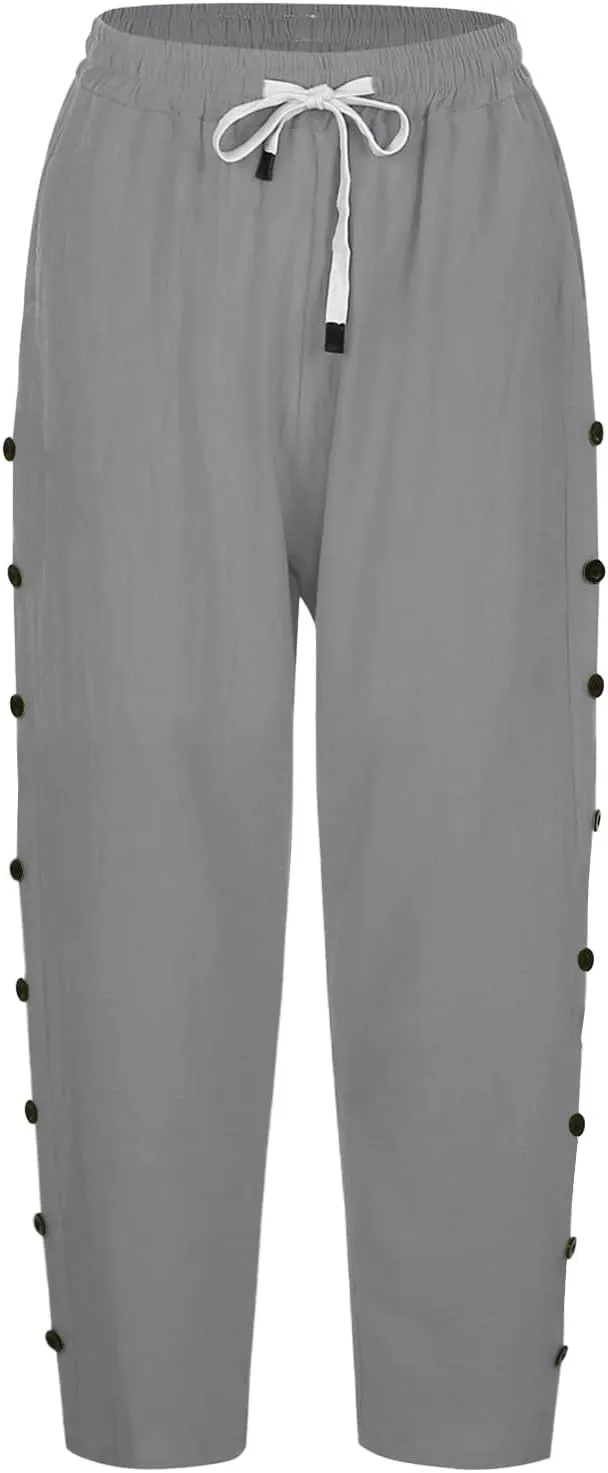 Linen Pants Women Color Cotton Linen Elastic Seven Pants Beach Casual Pants High Waisted Wide Leg Long Lounge Trousers