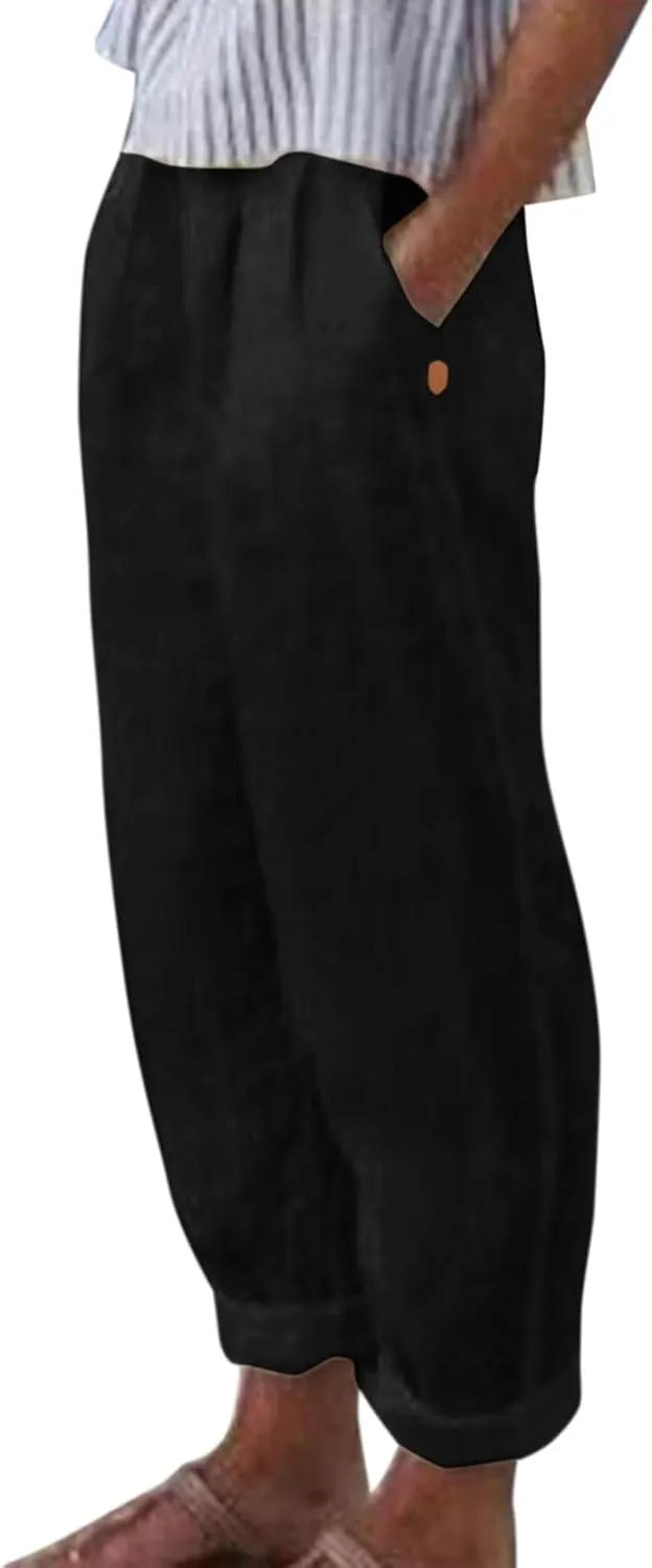 Linen Pants Women Linen Striped Elastic Waist Side Back Four Pockets 9/10 Pants Cotton Linen Casual Summer 2025 Straight