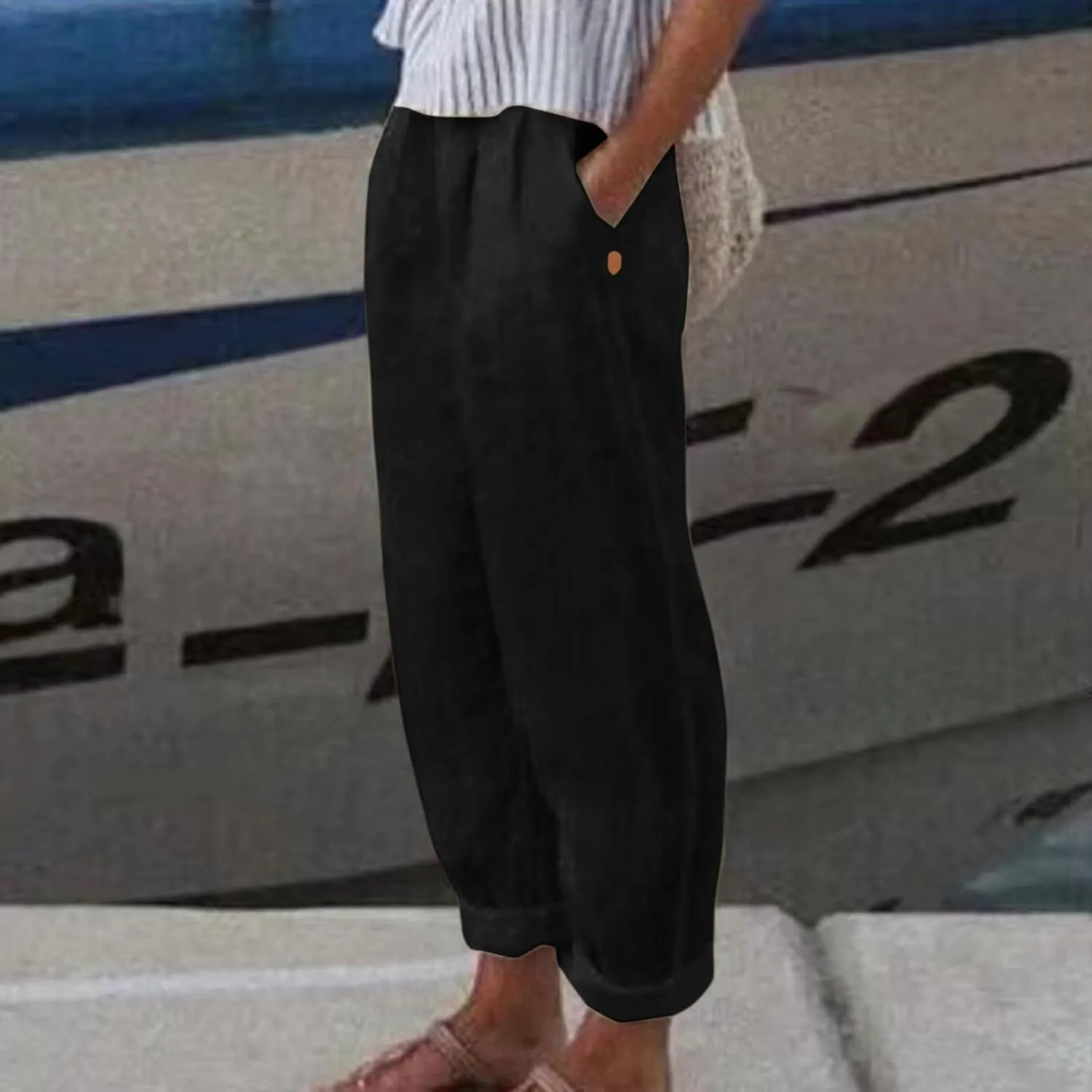 Linen Pants Women Linen Striped Elastic Waist Side Back Four Pockets 9/10 Pants Cotton Linen Casual Summer 2025 Straight