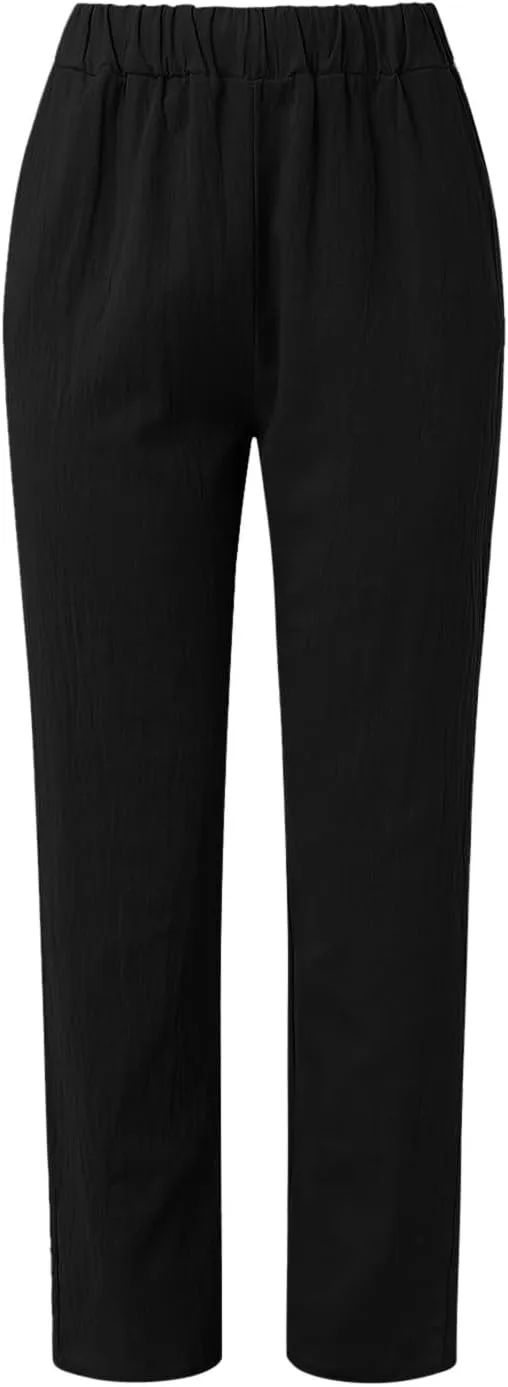Linen Pants Women Linen Striped Elastic Waist Side Back Four Pockets 9/10 Pants Cotton Linen Casual Summer 2025 Straight