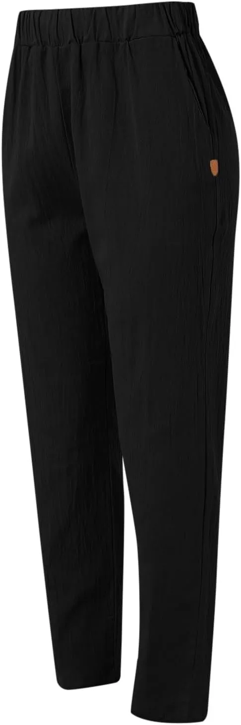 Linen Pants Women Linen Striped Elastic Waist Side Back Four Pockets 9/10 Pants Cotton Linen Casual Summer 2025 Straight