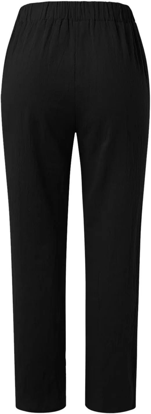 Linen Pants Women Linen Striped Elastic Waist Side Back Four Pockets 9/10 Pants Cotton Linen Casual Summer 2025 Straight