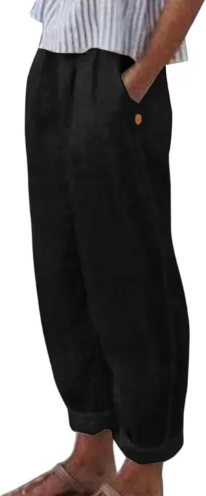 Linen Pants Women Linen Striped Elastic Waist Side Back Four Pockets 9/10 Pants Cotton Linen Casual Summer 2025 Straight