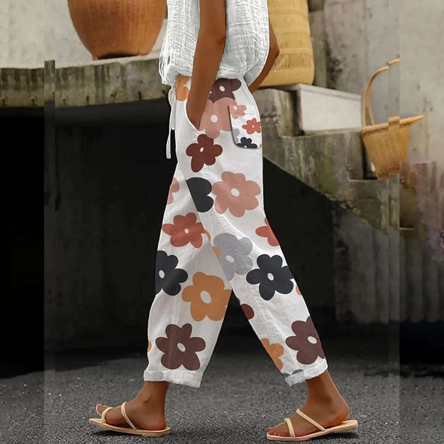 Linen Pants Women Summer Casual Drawstring Pants Summer Boho Wide Leg Women's Clothing Womens