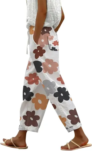 Linen Pants Women Summer Casual Drawstring Pants Summer Boho Wide Leg Women's Clothing Womens