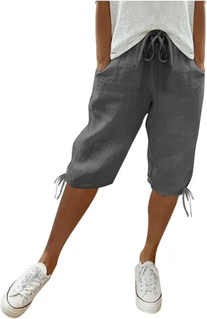 Linen Pants Women Summer Pants Ladies Loose Drawstring Casual Solid Color Shorts Wide Leg Casual Cotton Linen Pants