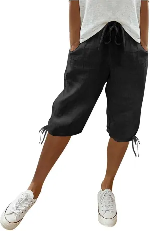 Linen Pants Women Summer Pants Ladies Loose Drawstring Casual Solid Color Shorts Wide Leg Casual Cotton Linen Pants