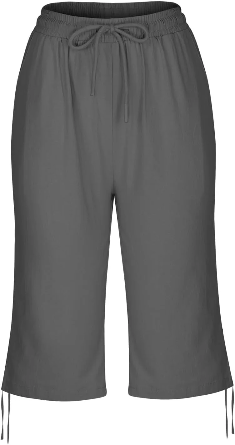 Linen Pants Women Summer Pants Ladies Loose Drawstring Casual Solid Color Shorts Wide Leg Casual Cotton Linen Pants