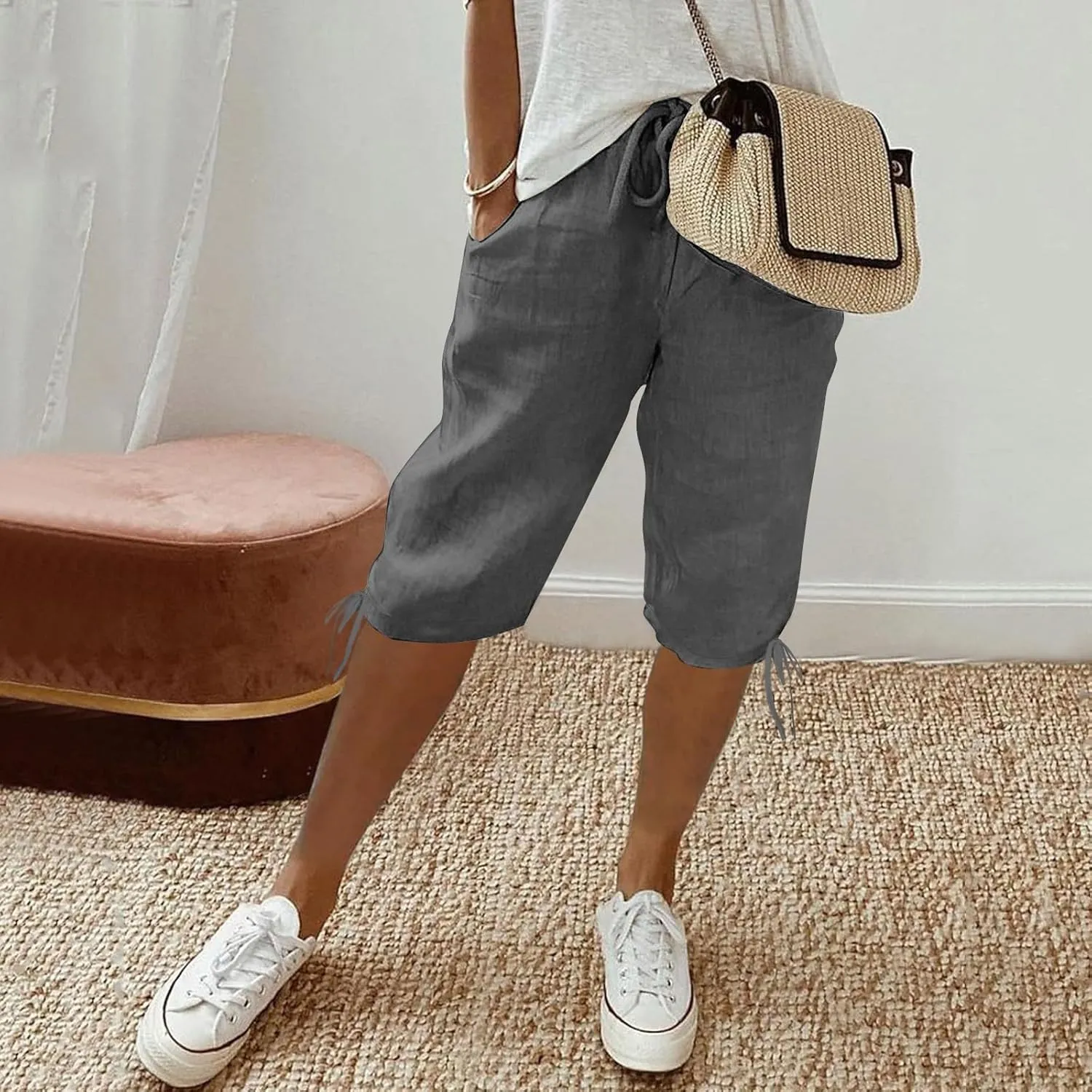 Linen Pants Women Summer Pants Ladies Loose Drawstring Casual Solid Color Shorts Wide Leg Casual Cotton Linen Pants