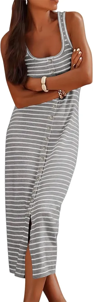LLHXRUI Women Casual Sleeveless Striped Sundress Button Down Spring Tank Maxi Dress Summer Dress Beach Bodycon Long Dresses