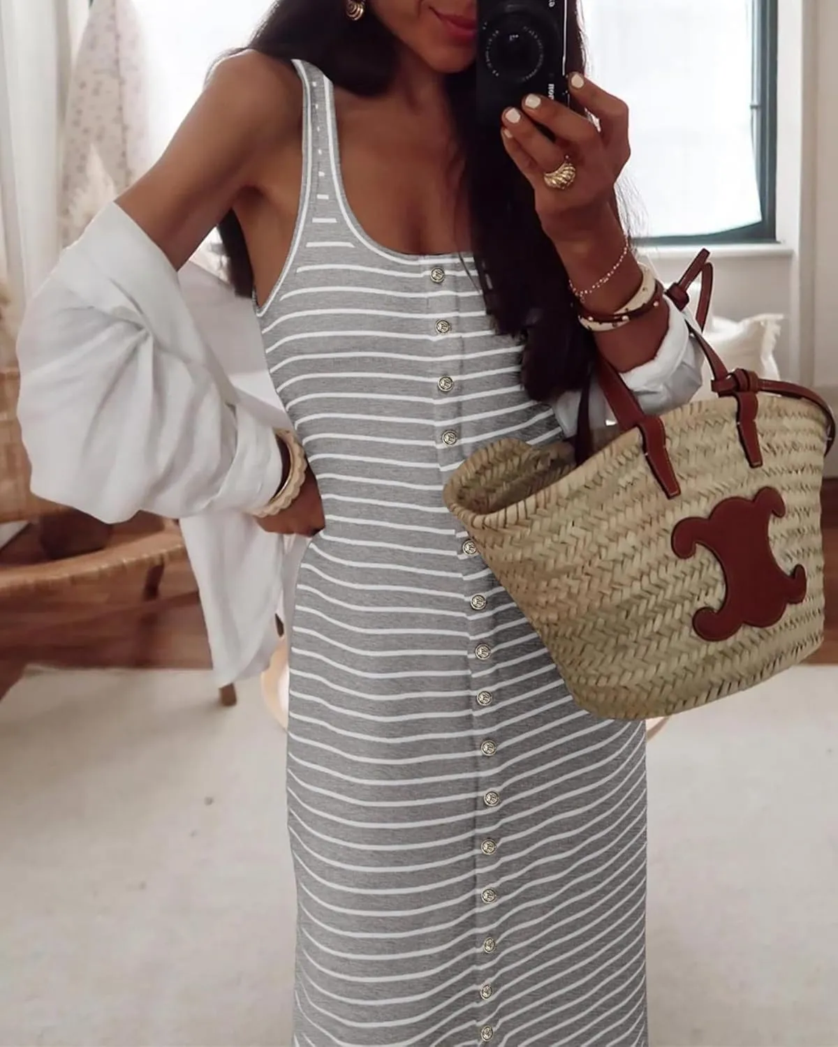 LLHXRUI Women Casual Sleeveless Striped Sundress Button Down Spring Tank Maxi Dress Summer Dress Beach Bodycon Long Dresses