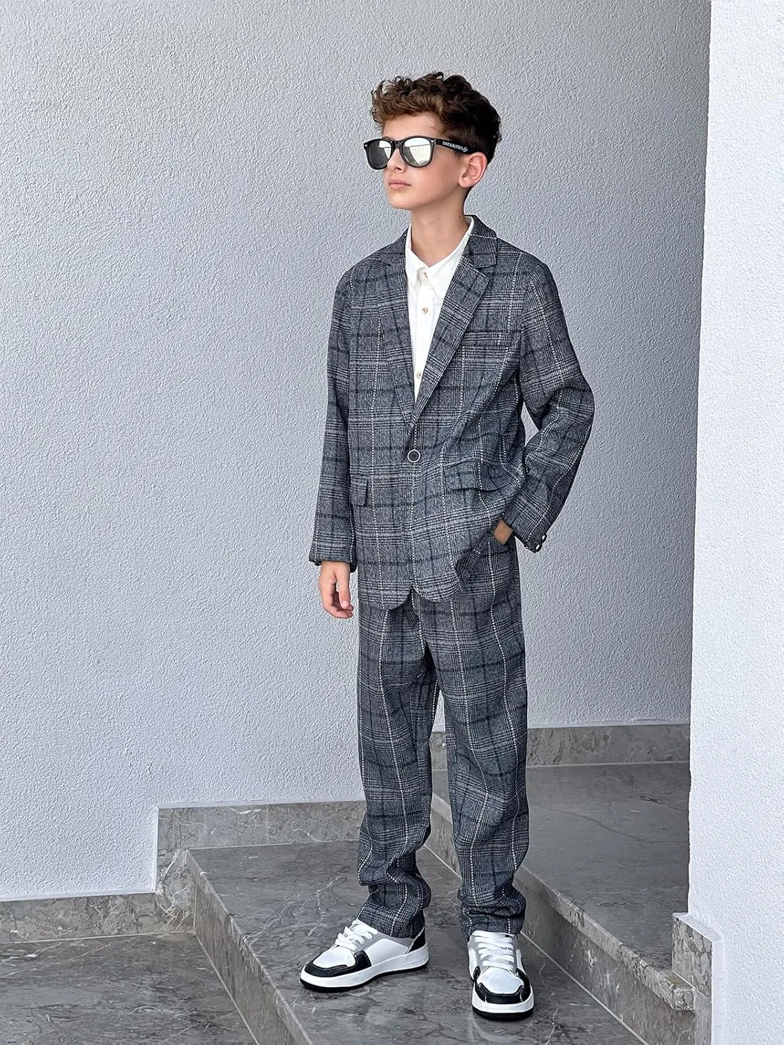 LOLANTA Kids Boys Plaid Suit Fashion Blazer Pants Set 2 Piece Formal Wear Outfit for Wedding