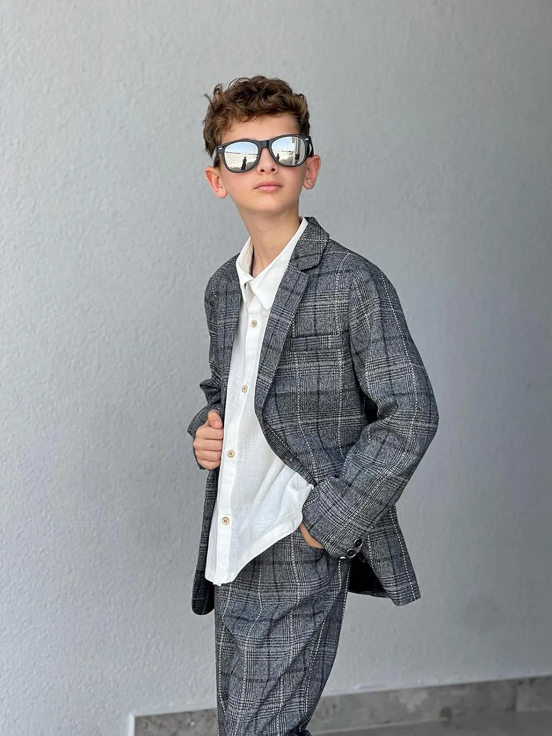 LOLANTA Kids Boys Plaid Suit Fashion Blazer Pants Set 2 Piece Formal Wear Outfit for Wedding