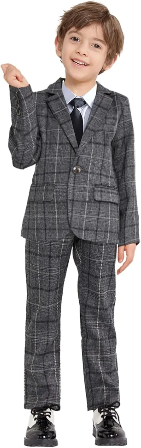LOLANTA Kids Boys Plaid Suit Fashion Blazer Pants Set 2 Piece Formal Wear Outfit for Wedding