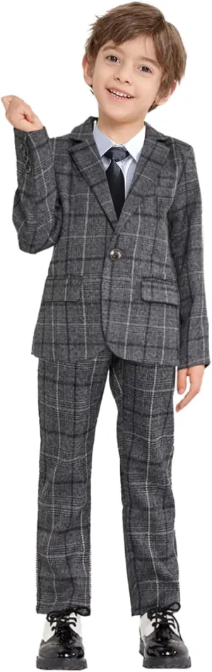 LOLANTA Kids Boys Plaid Suit Fashion Blazer Pants Set 2 Piece Formal Wear Outfit for Wedding