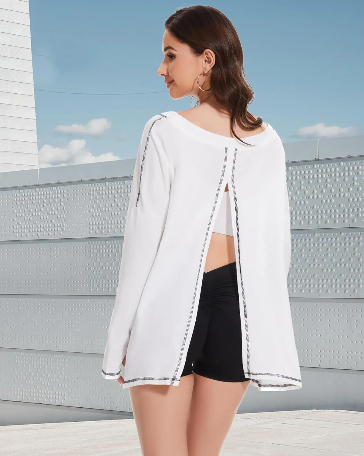 Long Sleeve Workout Tops for Women Crewneck Open Back Oversized Sweatshirts Loose Fit Athletic Tops with Thumb Hole