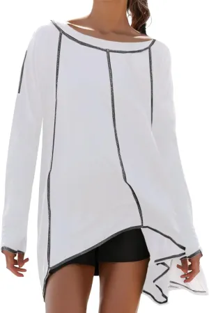 Long Sleeve Workout Tops for Women Crewneck Open Back Oversized Sweatshirts Loose Fit Athletic Tops with Thumb Hole