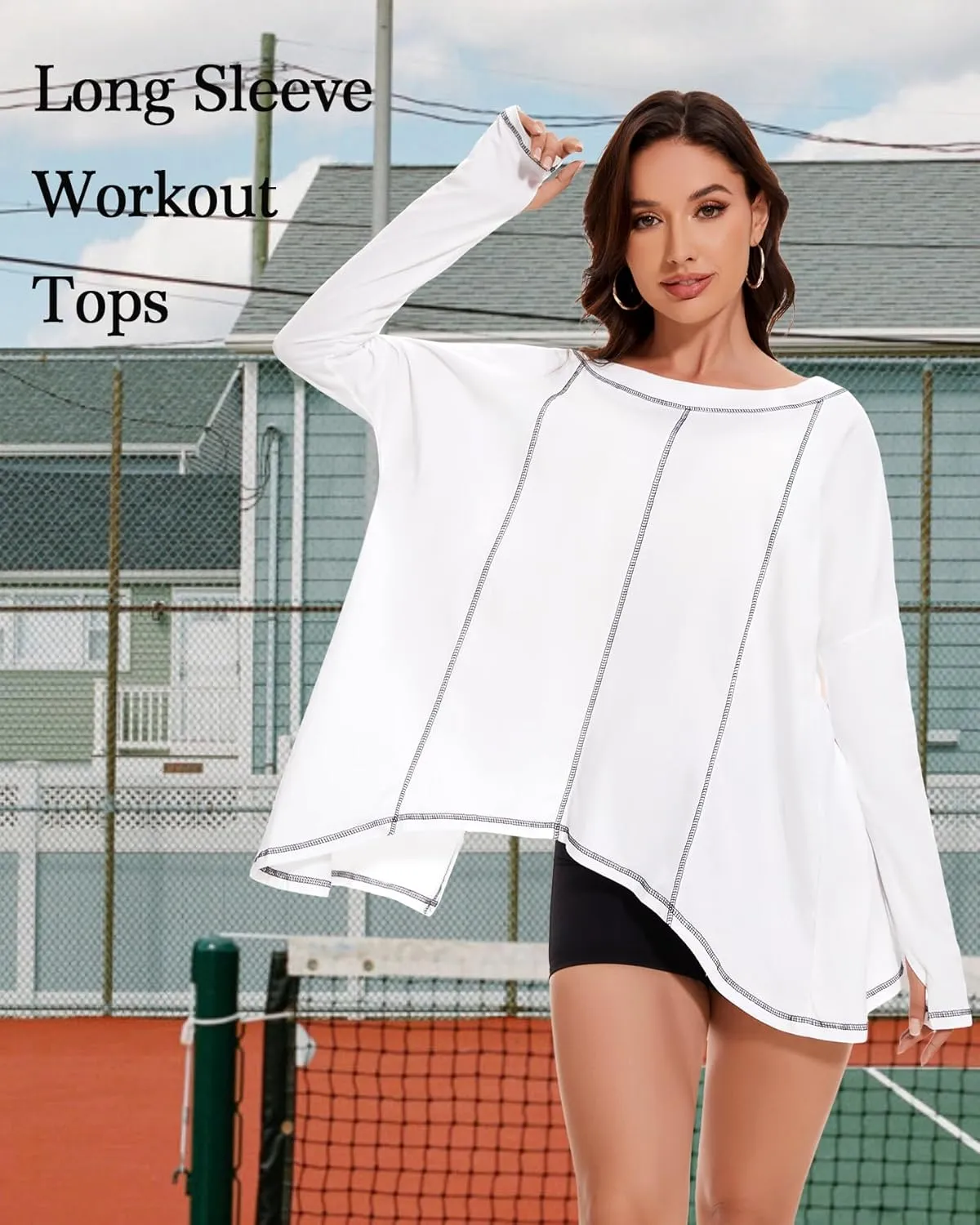 Long Sleeve Workout Tops for Women Crewneck Open Back Oversized Sweatshirts Loose Fit Athletic Tops with Thumb Hole