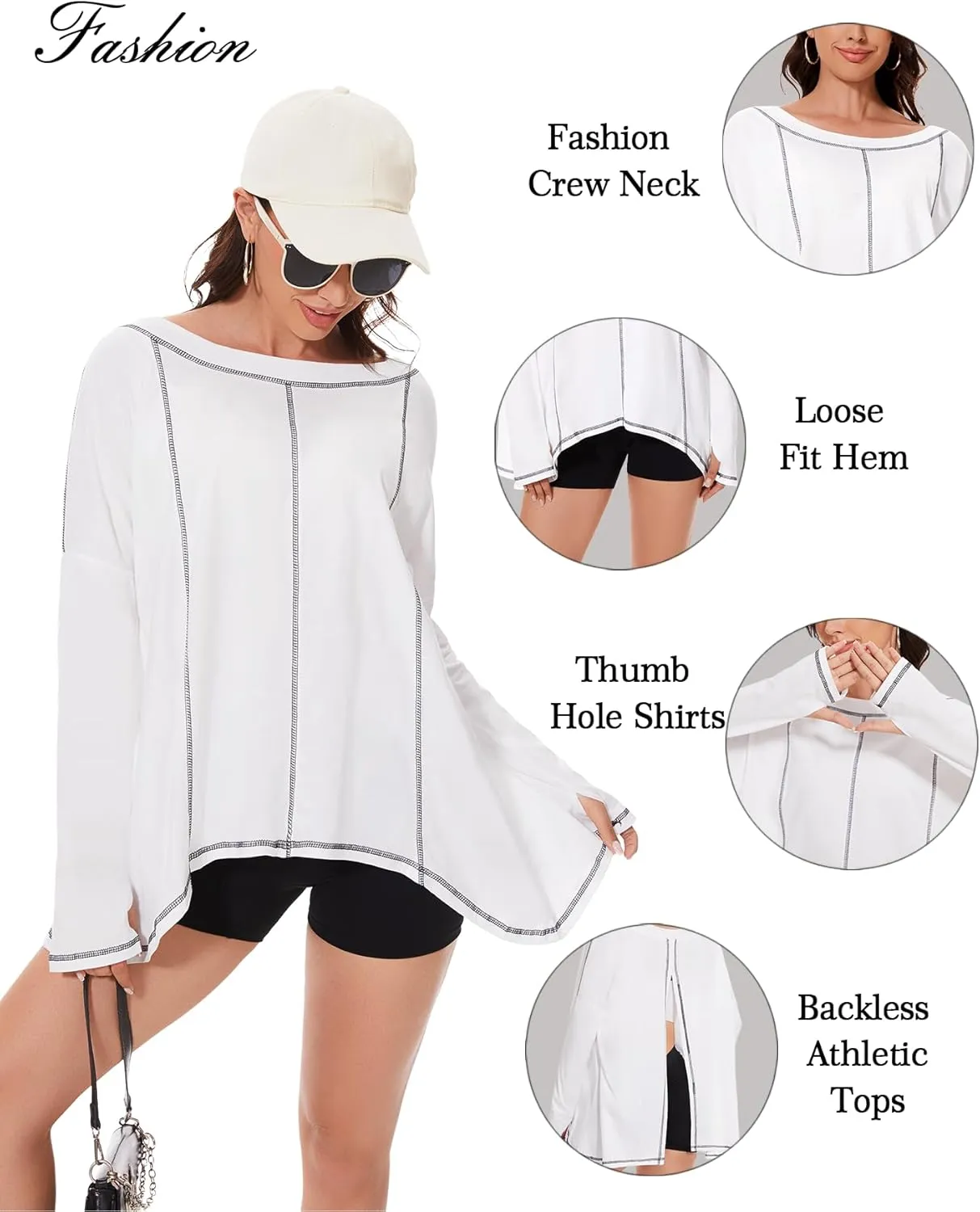 Long Sleeve Workout Tops for Women Crewneck Open Back Oversized Sweatshirts Loose Fit Athletic Tops with Thumb Hole