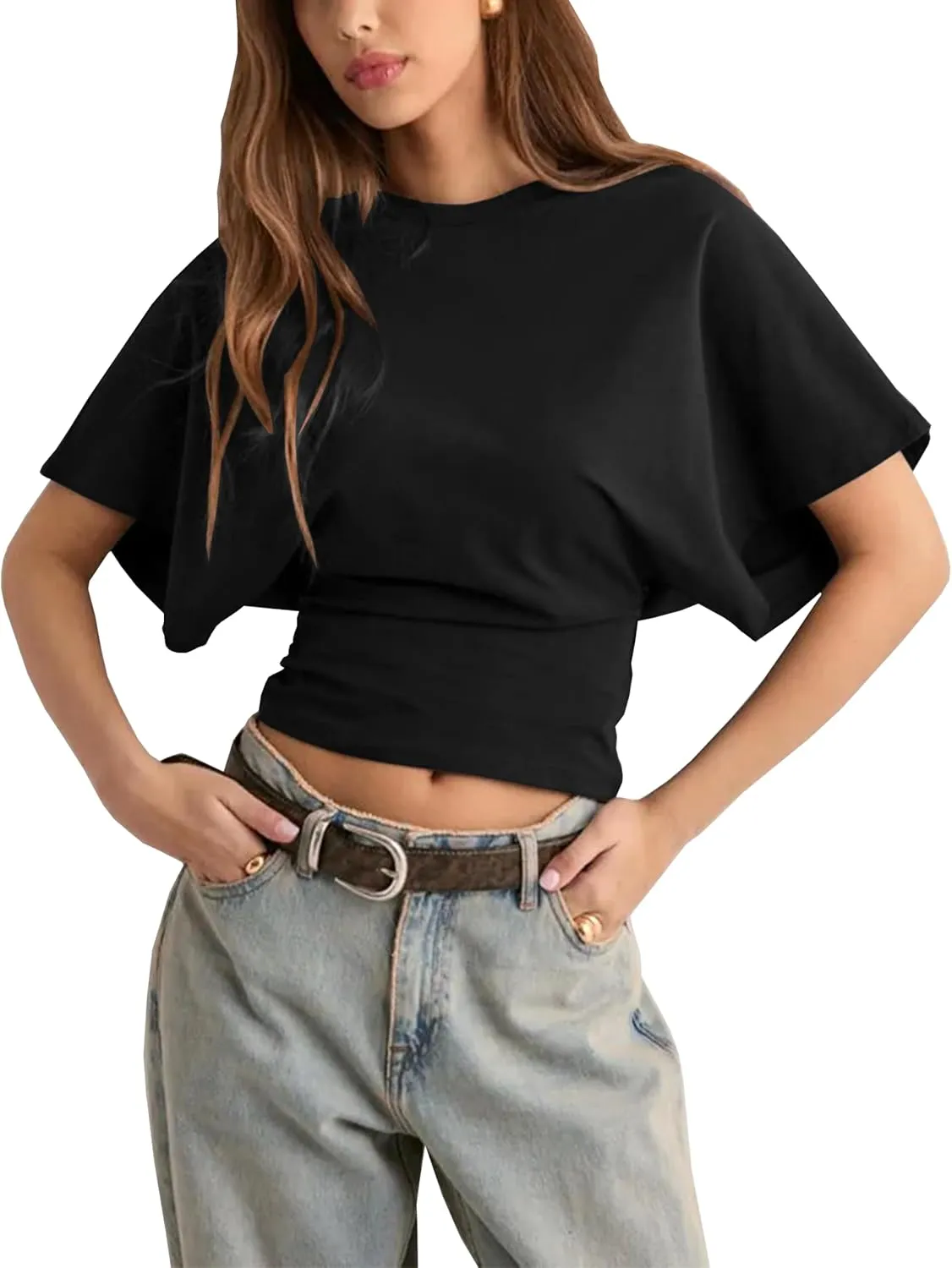 Lumister Shirts for Womens Crewneck Tighten Waist T-Shirt Casual Short Sleeve Workout Tops Solid Color Basic Tees